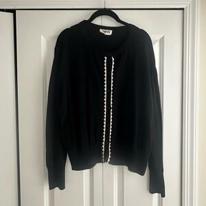 100% Cotton Black Cardigan Sweater with Cream Trim